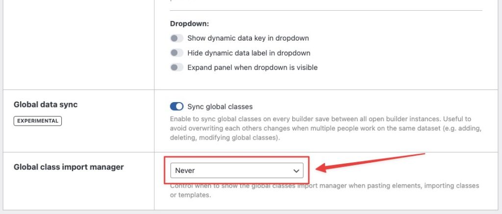 disable class import manager Bricks builder