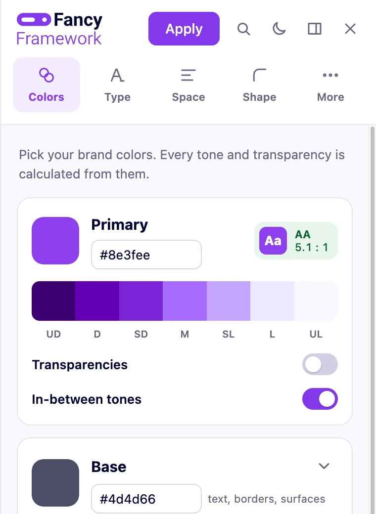 The Fancy Framework panel, Colors tab: the primary color with its contrast and calculated tones