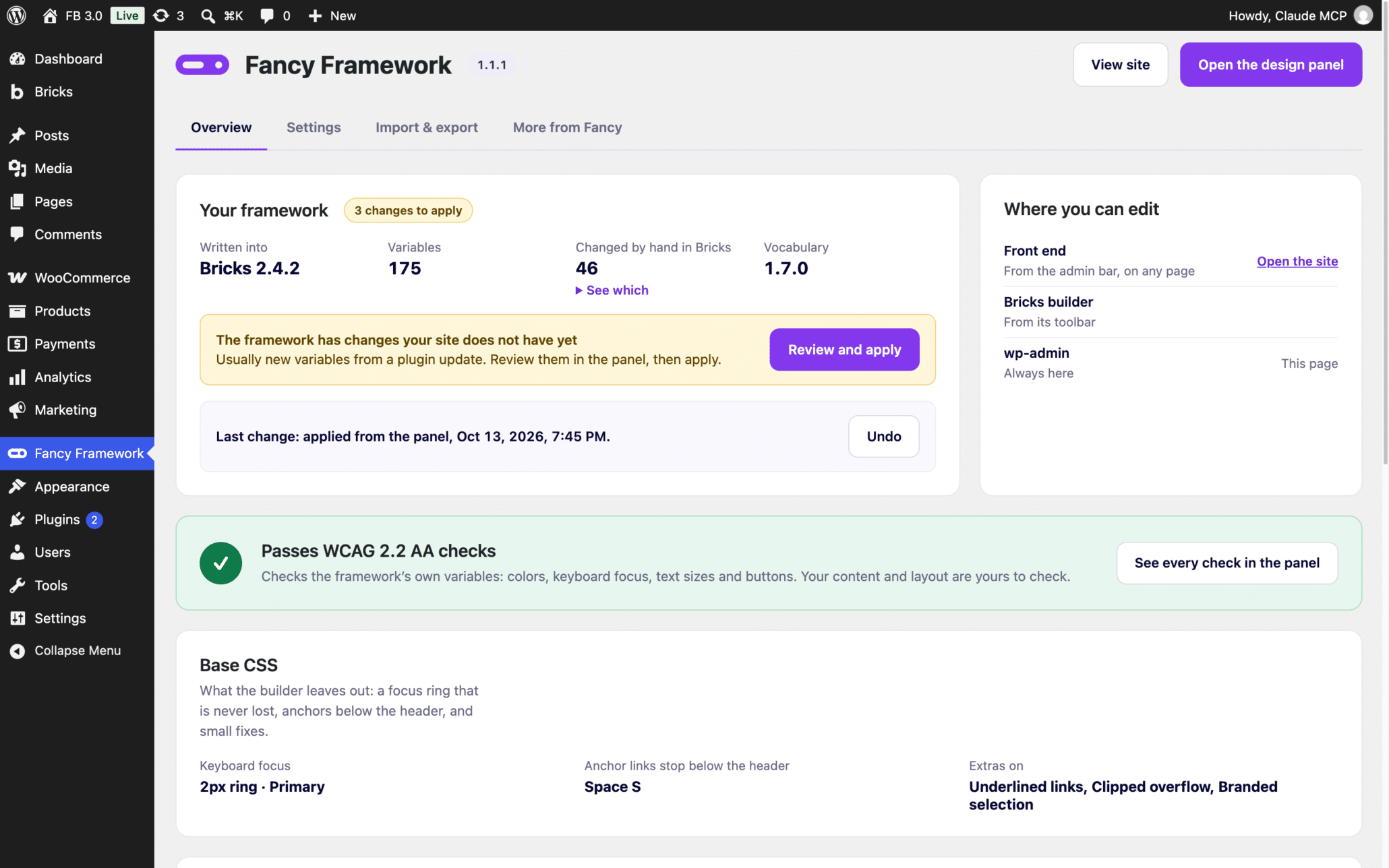 The Fancy Framework screen in wp-admin: what is written, the accessibility verdict, the last change and its undo